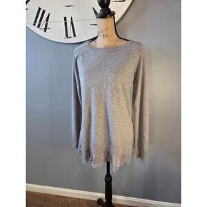 garnet hill 100% cashmere shirttail sweater knit pullover ruffled hem grey M